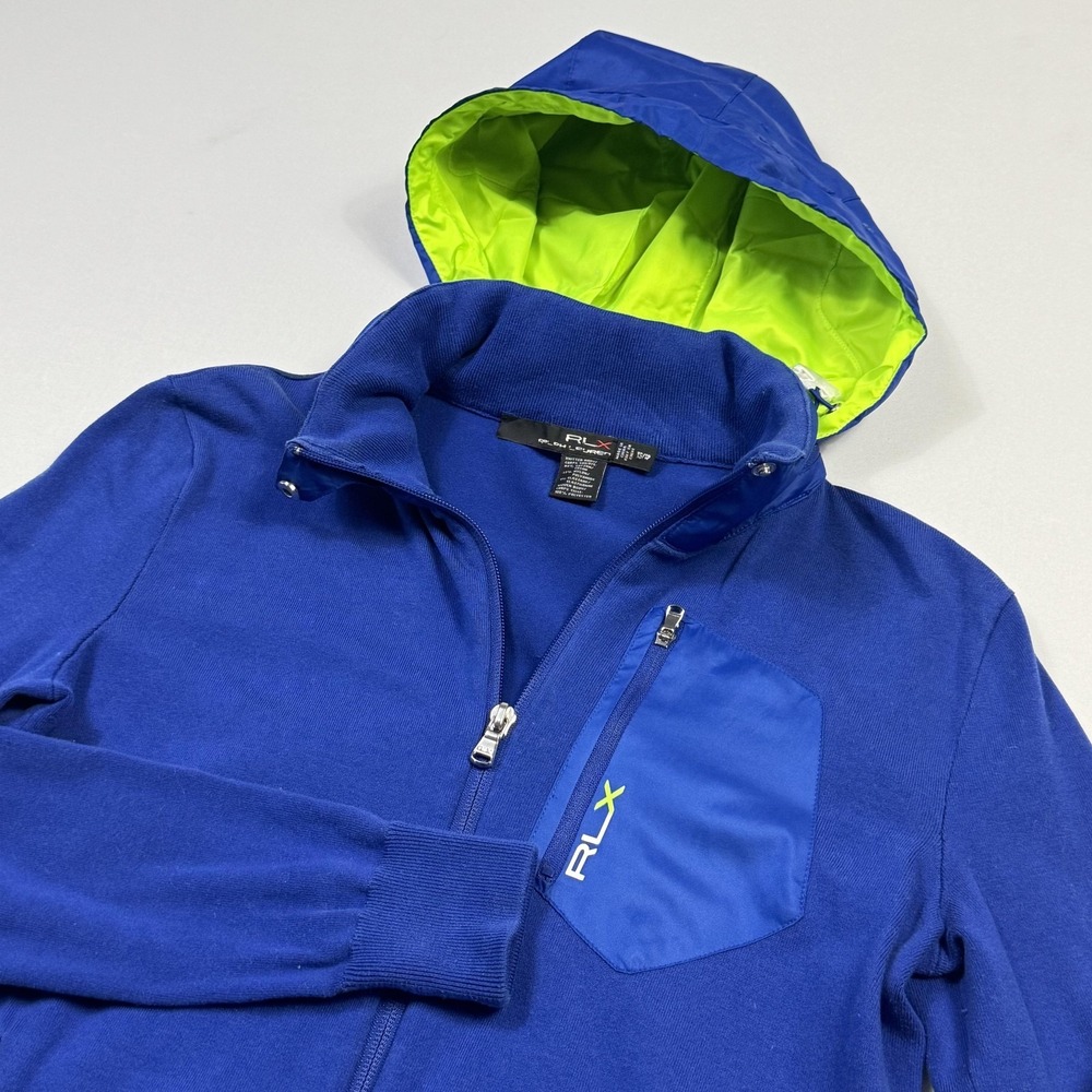 RLX Ralph Lauren Sweater Hoodie Womens XS Blue Full Zip Zip Pockets Lined Hood